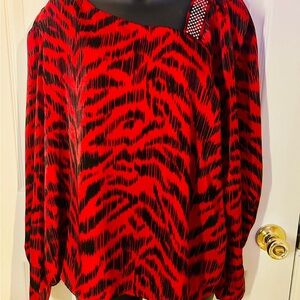 DKNYC Red and Black Asymmetrical Long Sleeve Blouse